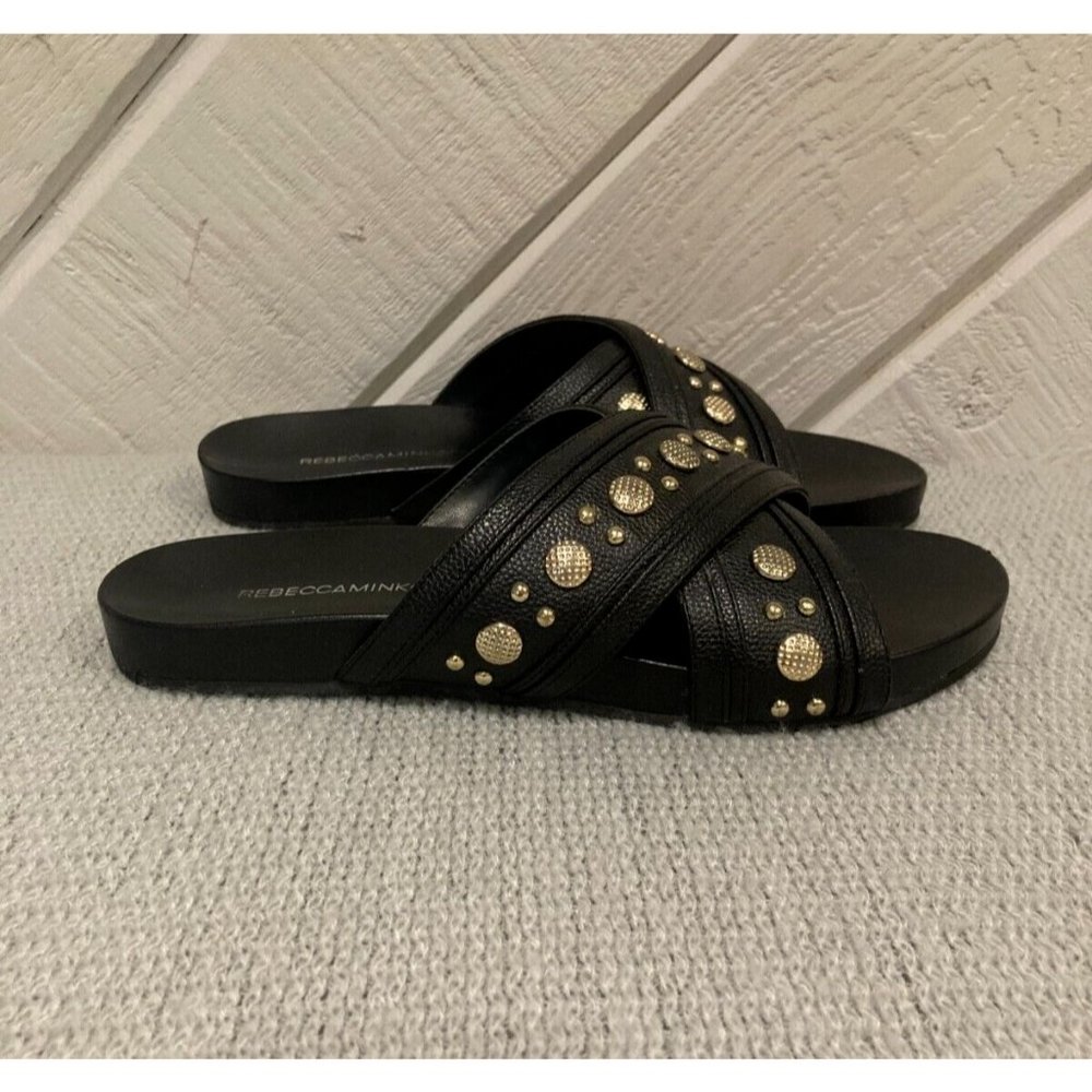 Rebecca Minkoff Women's Black Leather Studded Flat Sandals Shoes Size 7.5